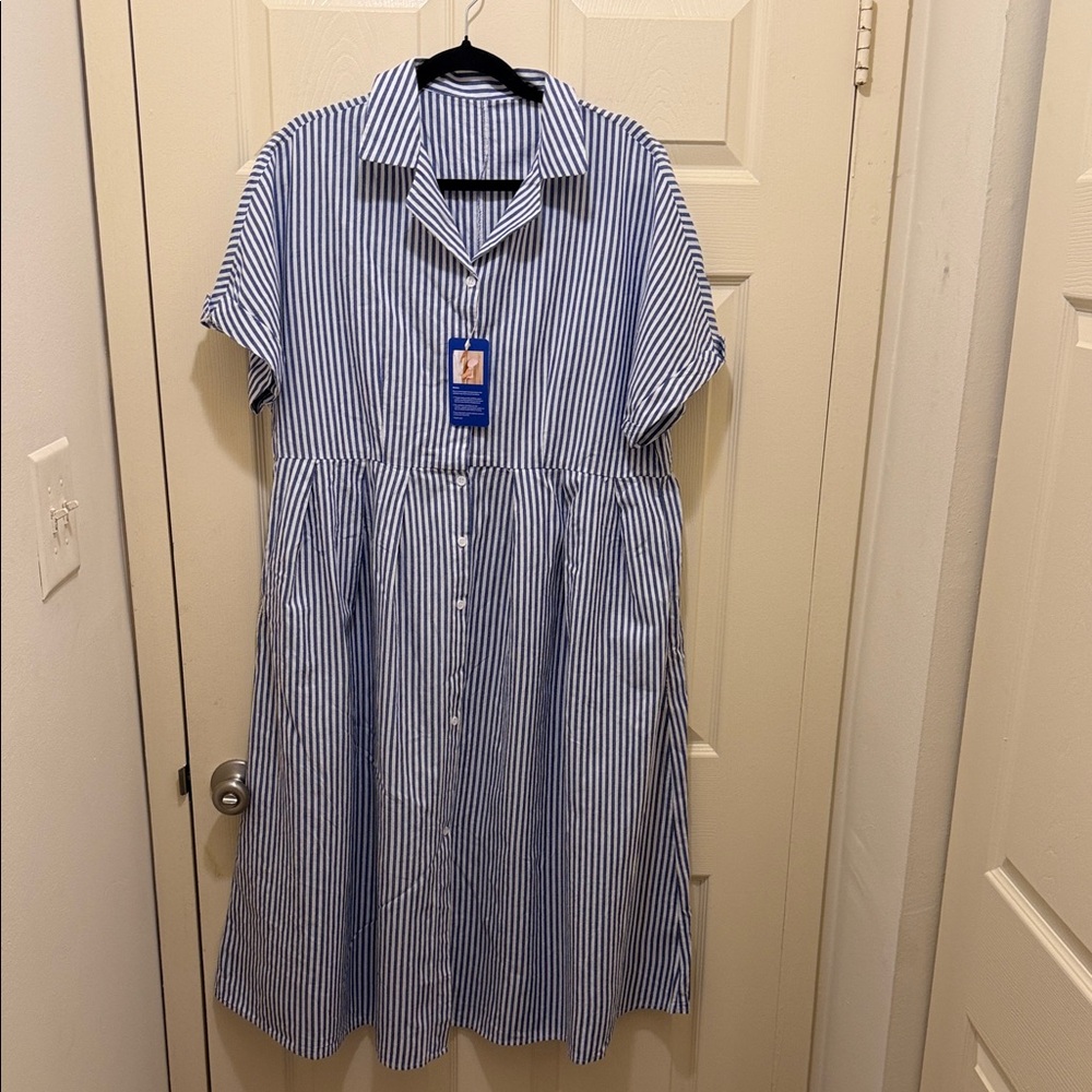 Blue and White Stripe Button-Front Shirtdress